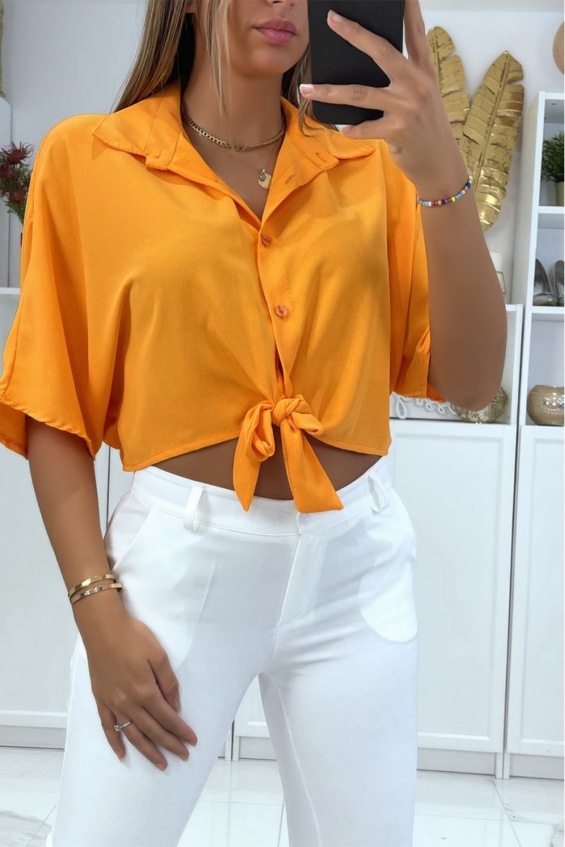 Orange shirt crop top with bow and elastic at the back - 1