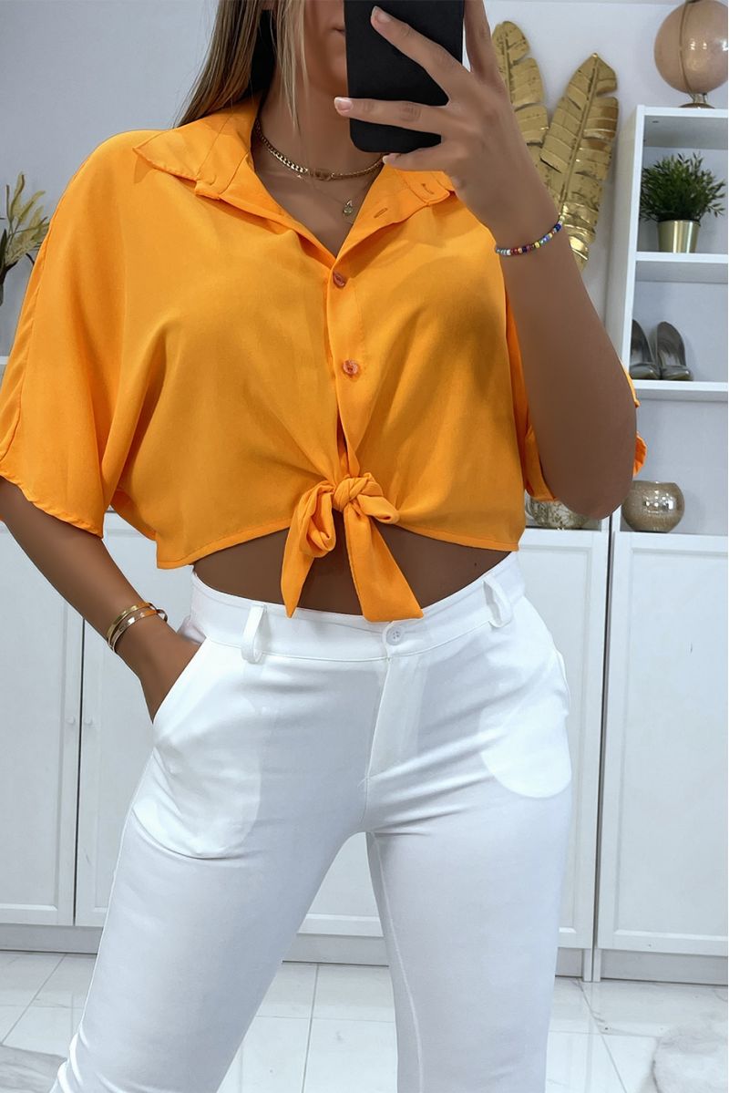 Orange shirt crop top with bow and elastic at the back - 2