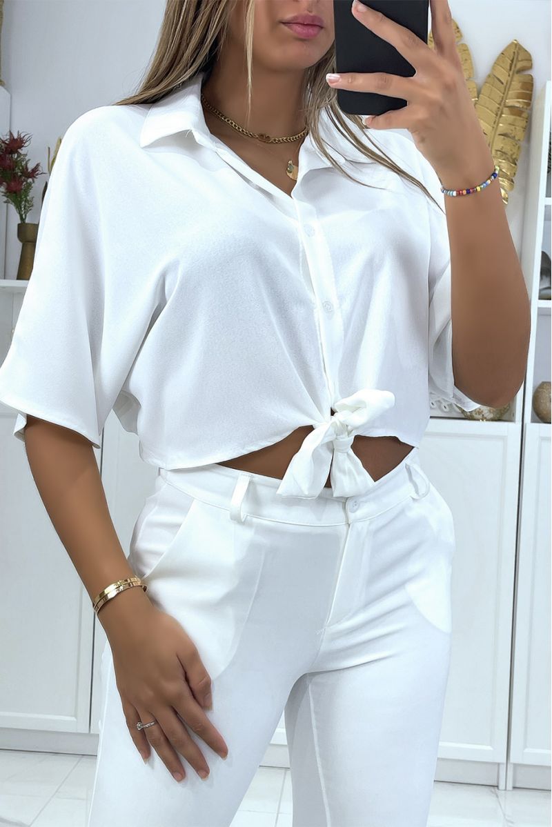 White shirt crop top with bow and elastic at the back - 1