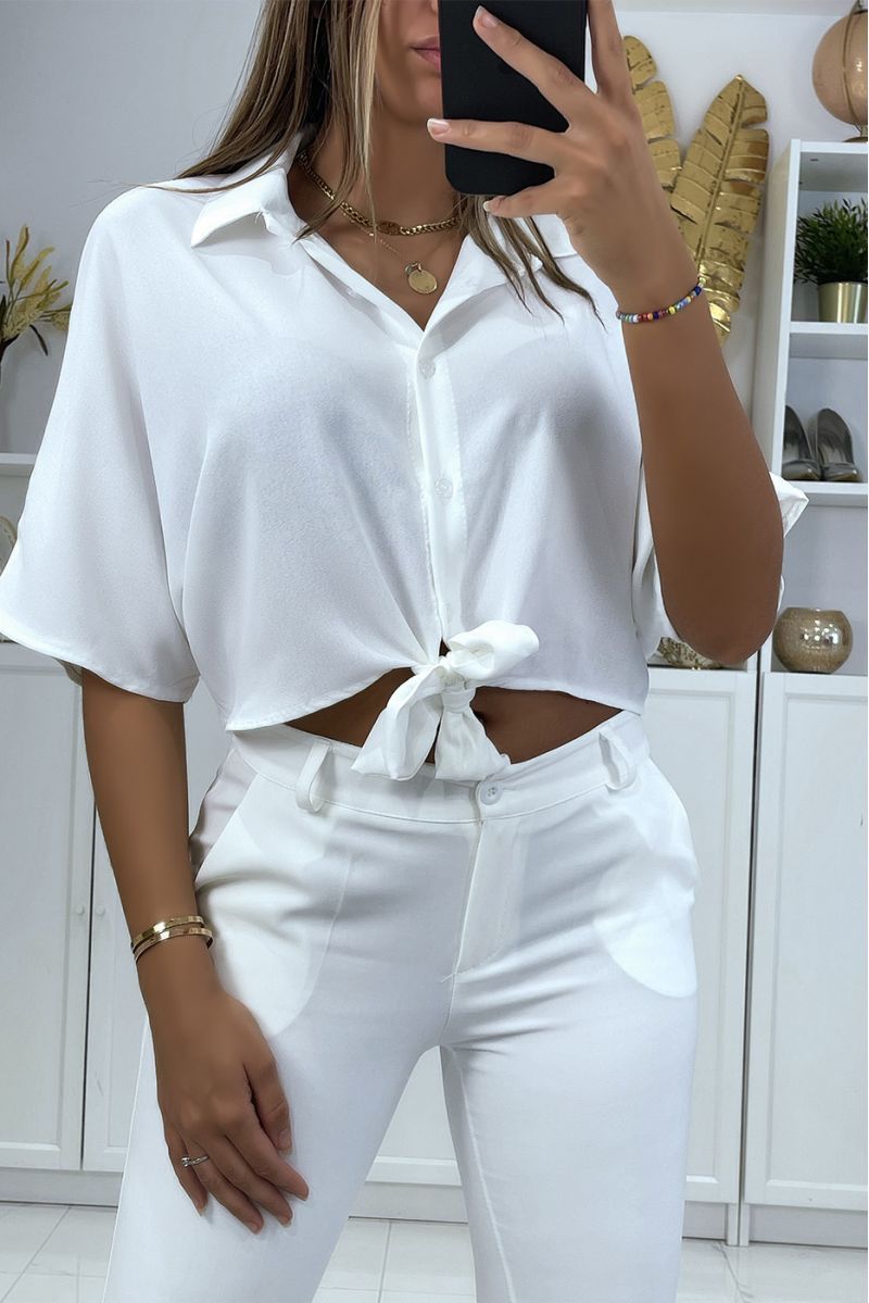 White shirt crop top with bow and elastic at the back - 2