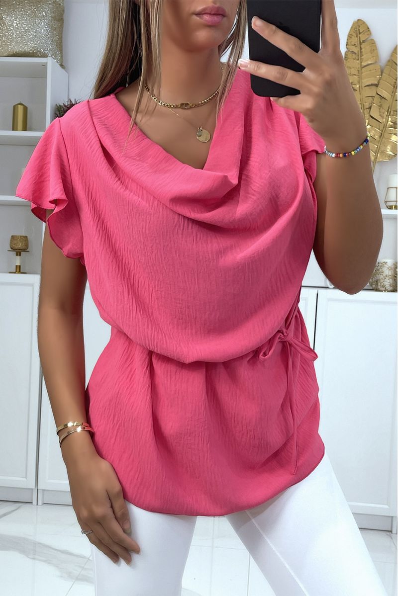 Fushia top met korte mouwen, ronde halslijn en kant op de rug - 2 Fushia top met korte mouwen, ronde halslijn en kant op de rug - 2