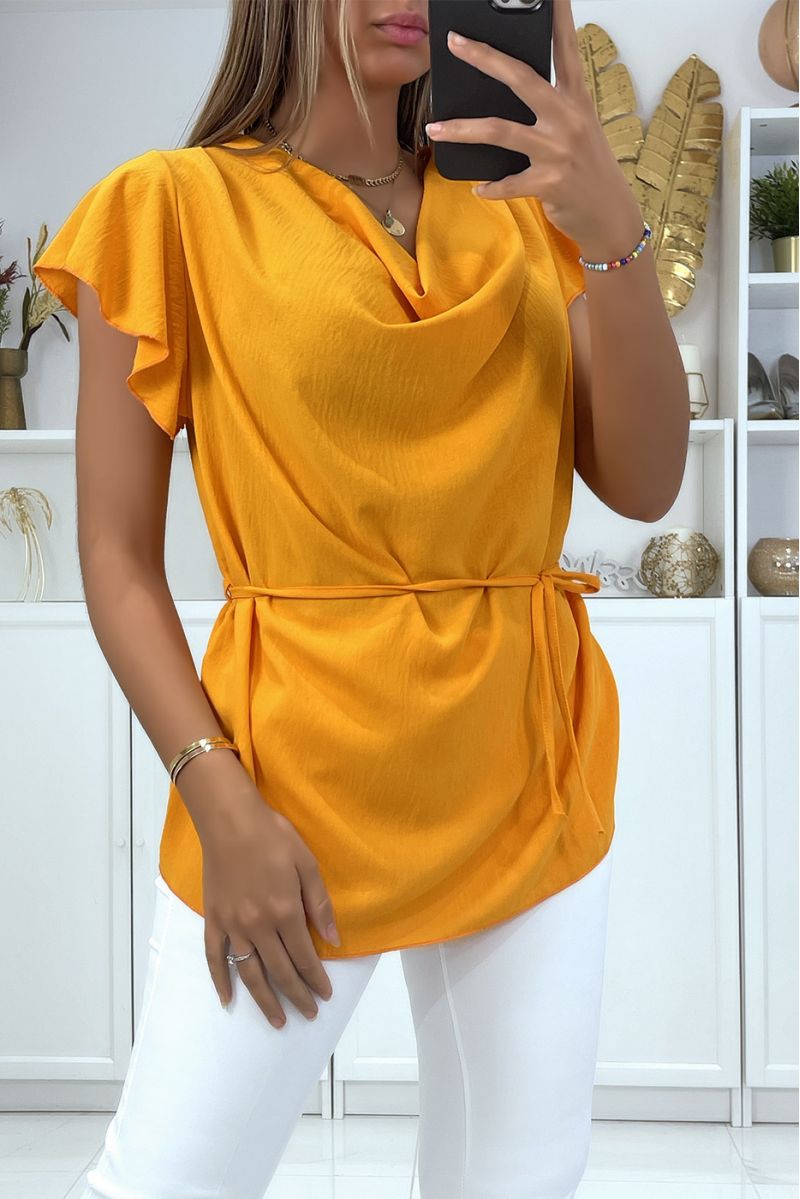 Mustard short-sleeved top with round neckline and lace on the back - 1 Mustard short-sleeved top with round neckline and lace on the back - 1