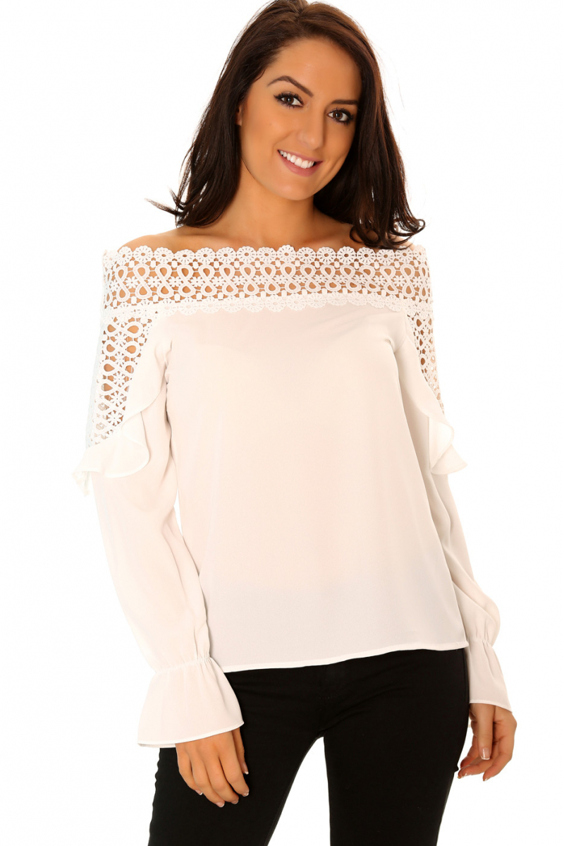 White crochet boat neck top, long sleeves with flared ruffle details. - 1