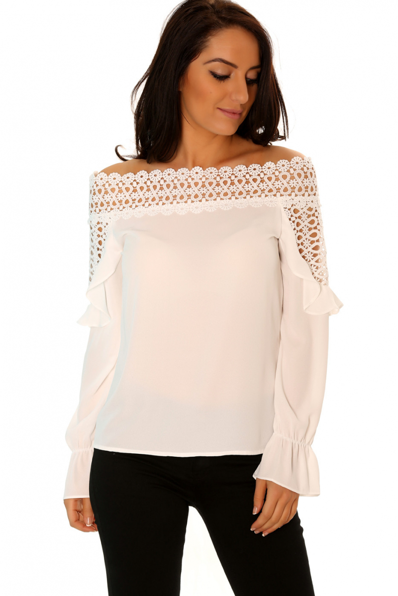 White crochet boat neck top, long sleeves with flared ruffle details. - 2