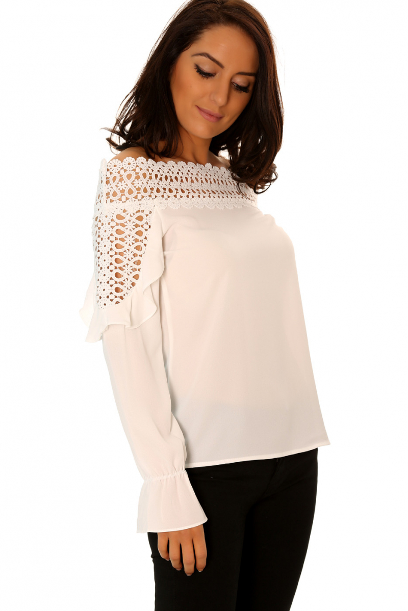 White crochet boat neck top, long sleeves with flared ruffle details. - 4