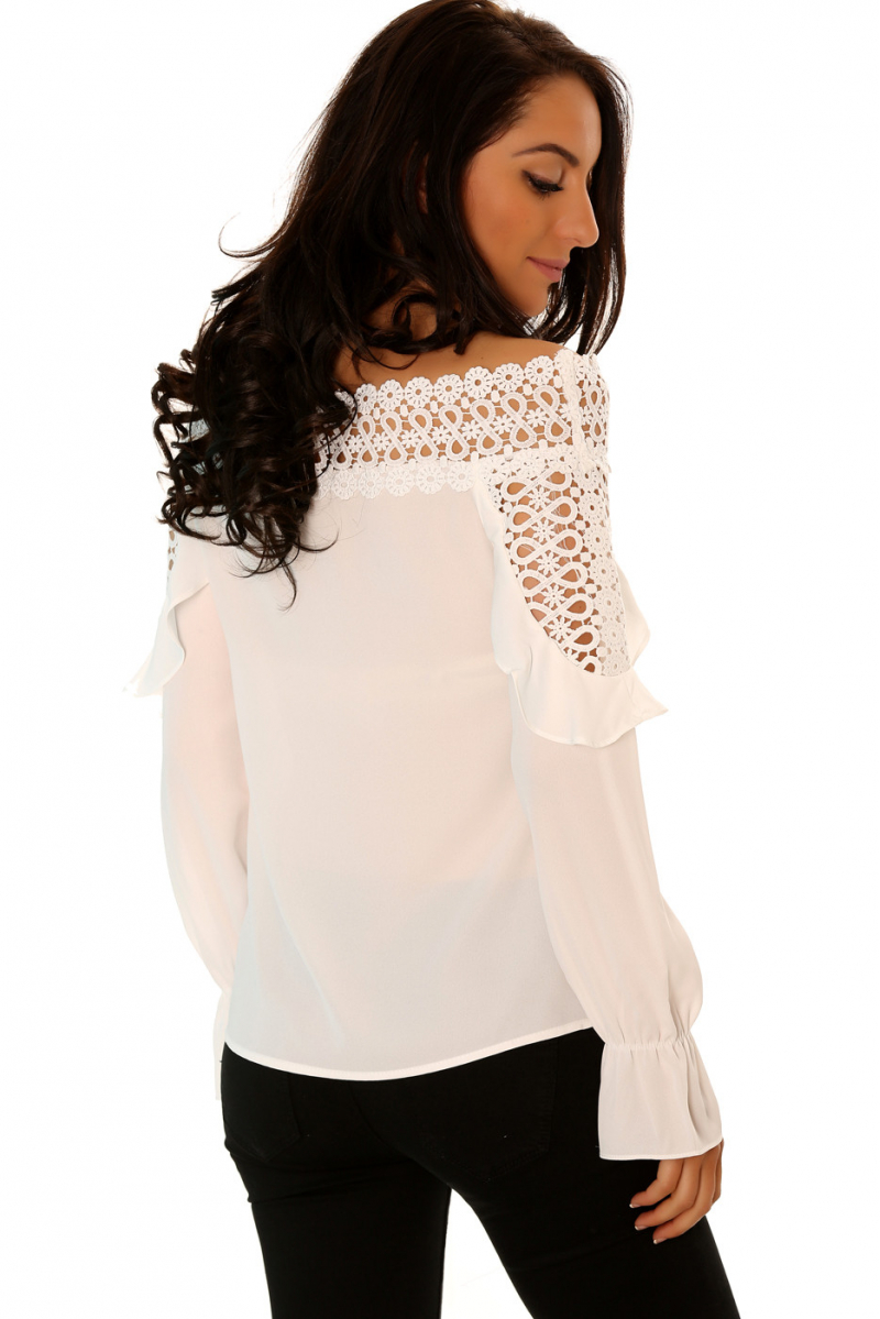 White crochet boat neck top, long sleeves with flared ruffle details. - 5