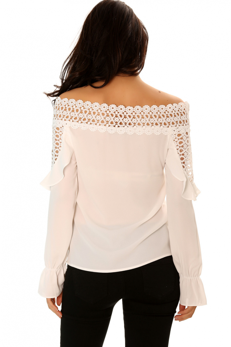 White crochet boat neck top, long sleeves with flared ruffle details. - 7