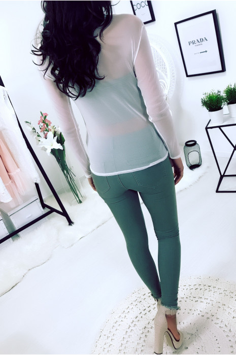 Top écru totalement transparent en col V - 15863 - 2