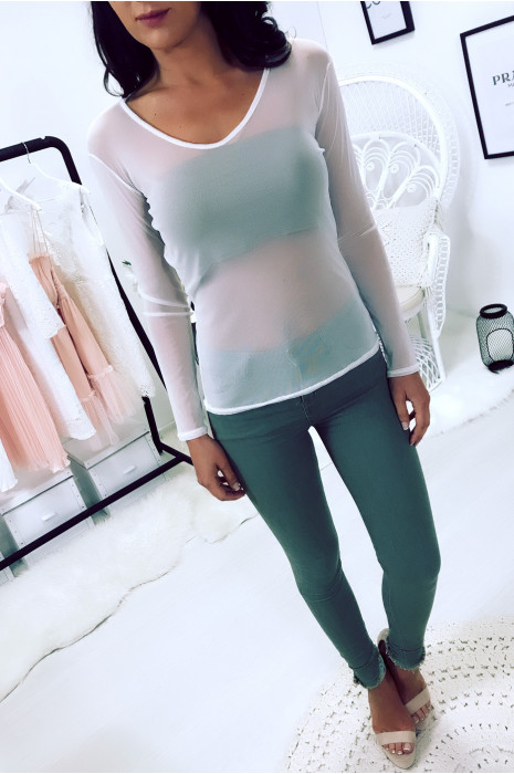 Top écru totalement transparent en col V - 15863 - 5