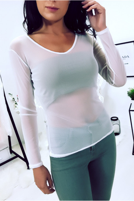 Top écru totalement transparent en col V - 15863 - 7