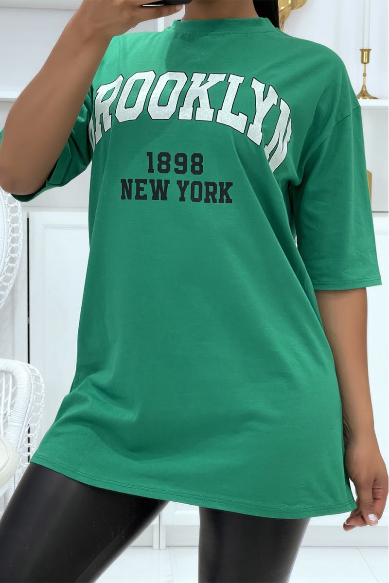 Oversized groene T-OOirt met opschriften uit Brooklyn en New York - 1