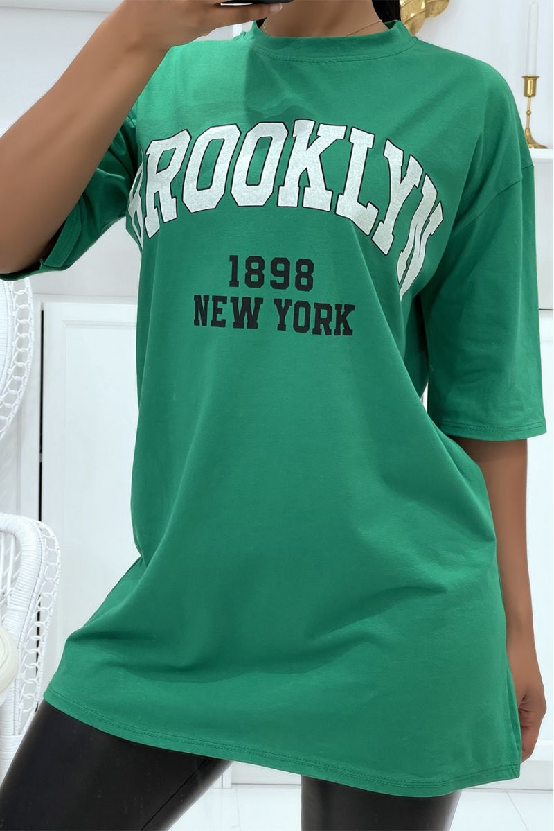 Oversized groene T-OOirt met opschriften uit Brooklyn en New York - 2