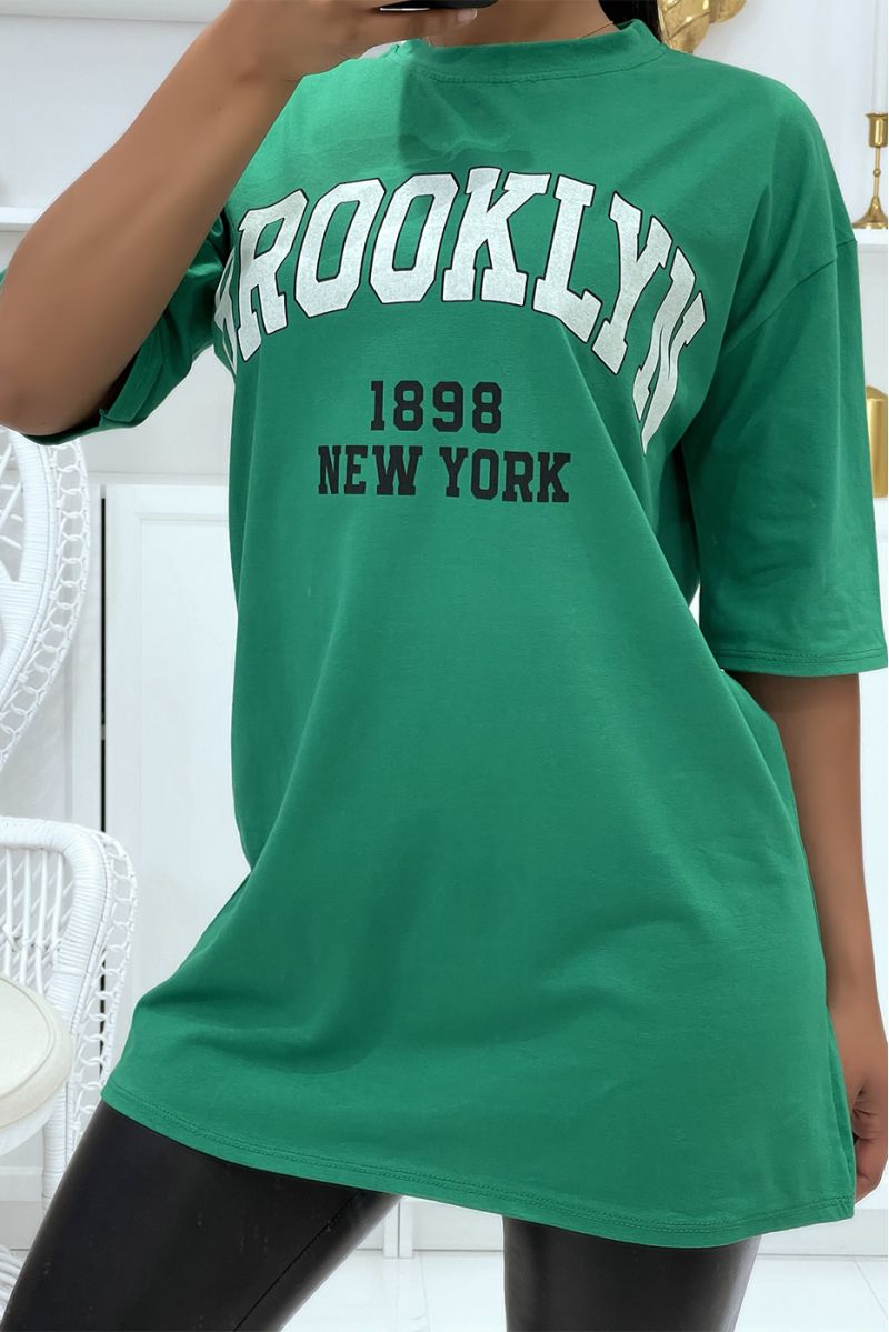 Oversized groene T-OOirt met opschriften uit Brooklyn en New York - 3