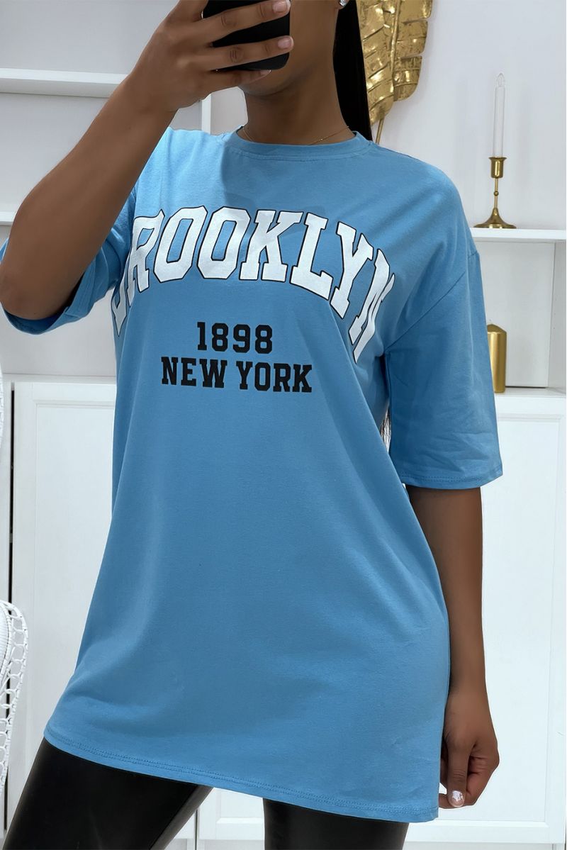 T-shirt Oversize bleu à écriture Brooklyn et New York - 1