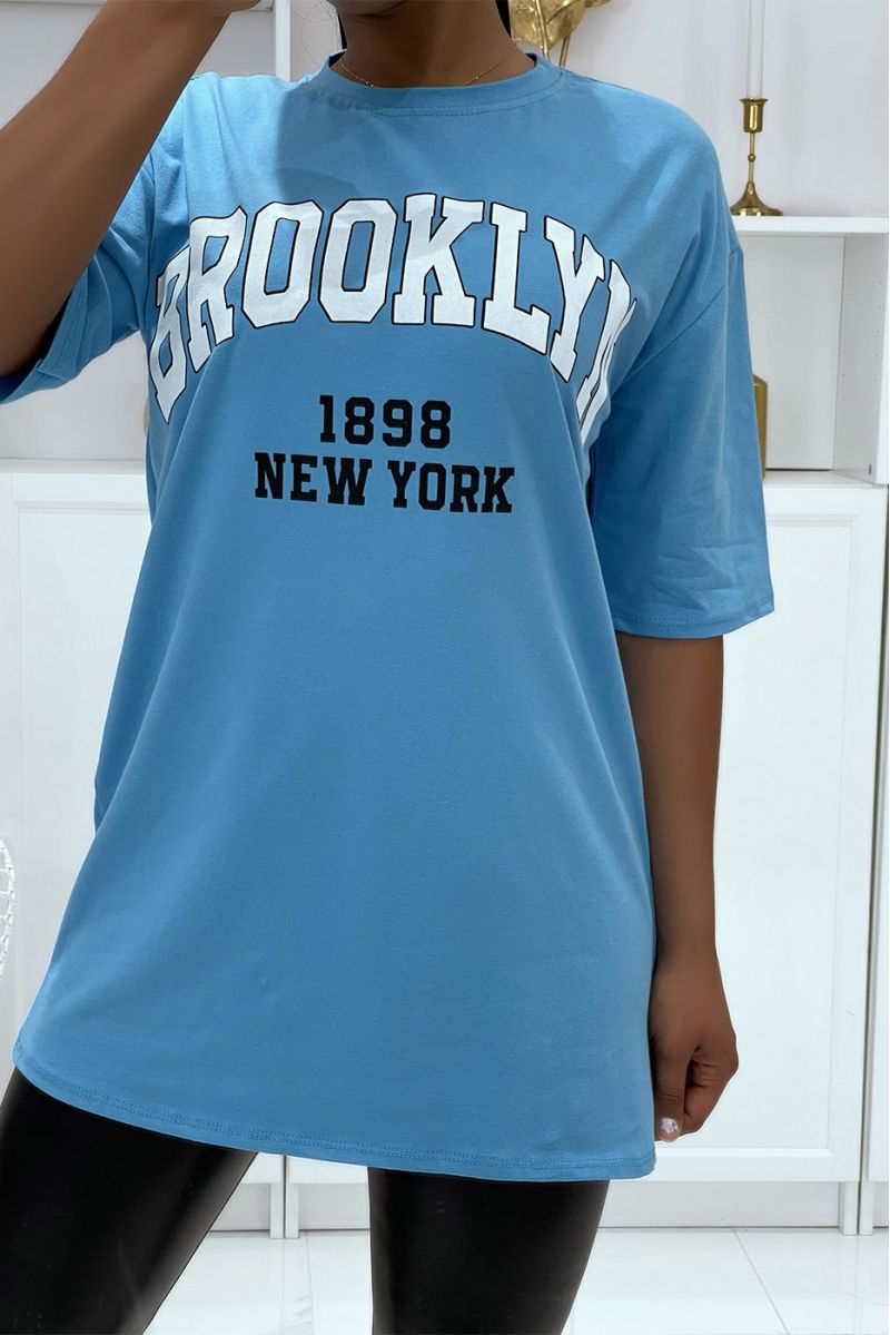 T-shirt Oversize bleu à écriture Brooklyn et New York - 2