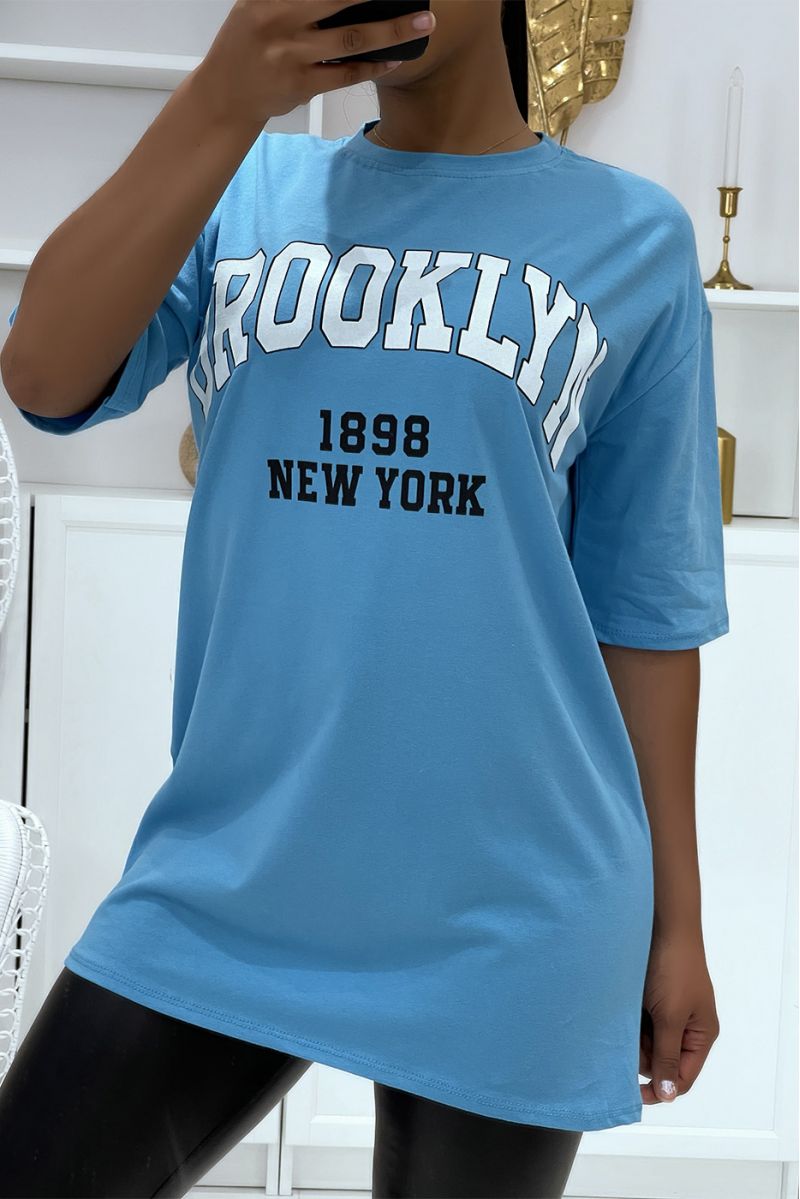 T-shirt Oversize bleu à écriture Brooklyn et New York - 3