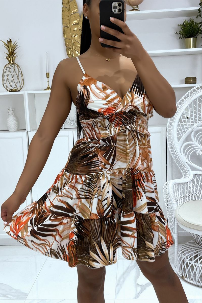 Brown floral dress with neckline and thin straps, fitted at the waist - 1