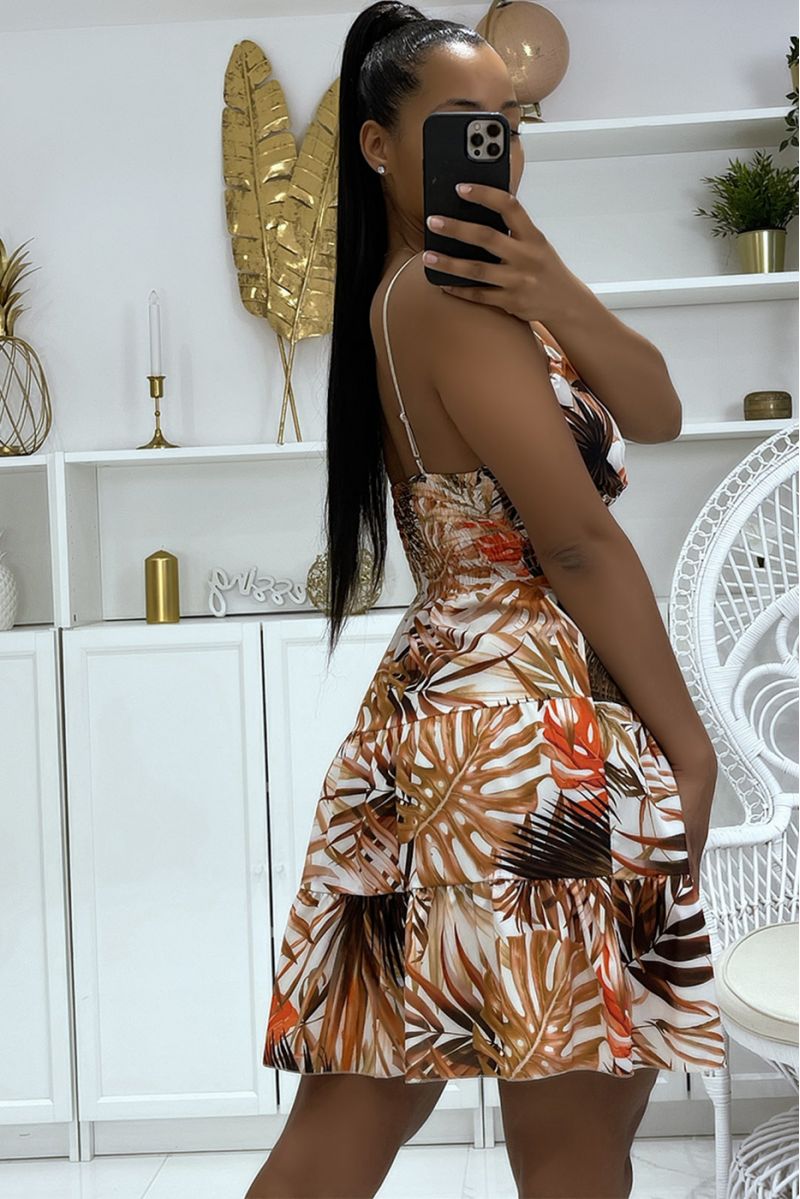 Robe marron fleurie décolleté et bretelles fines cintrée à la taille - 3