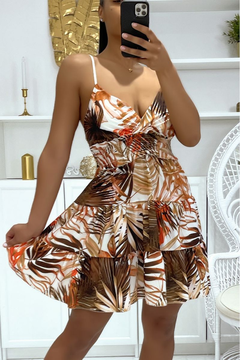 Robe marron fleurie décolleté et bretelles fines cintrée à la taille - 5