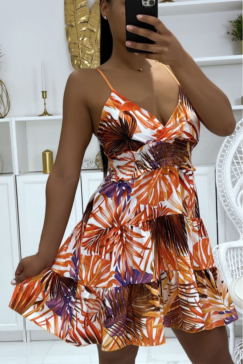 Robe orange fleurie décolleté et bretelles fines cintrée à la taille - 1