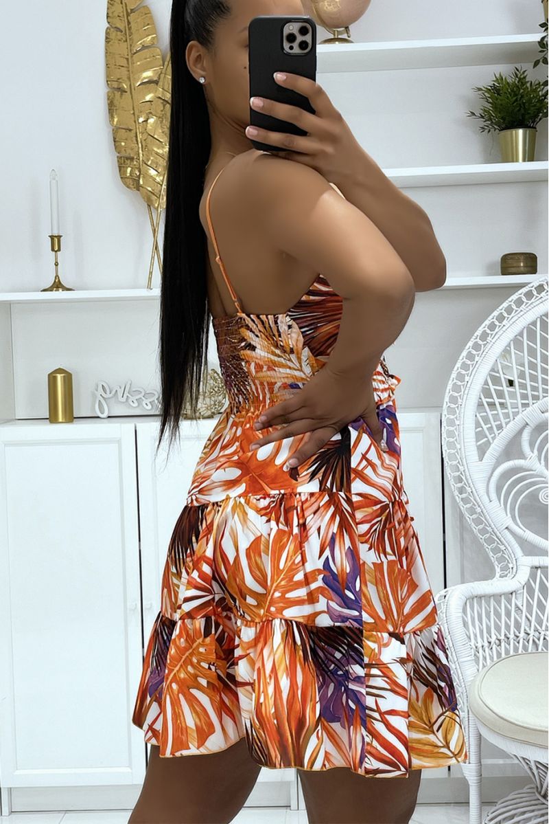 Orange floral dress with low neckline and thin straps, fitted at the waist - 2