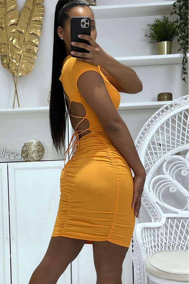 Orange bodycon dress with lace up back and push up effect - 7