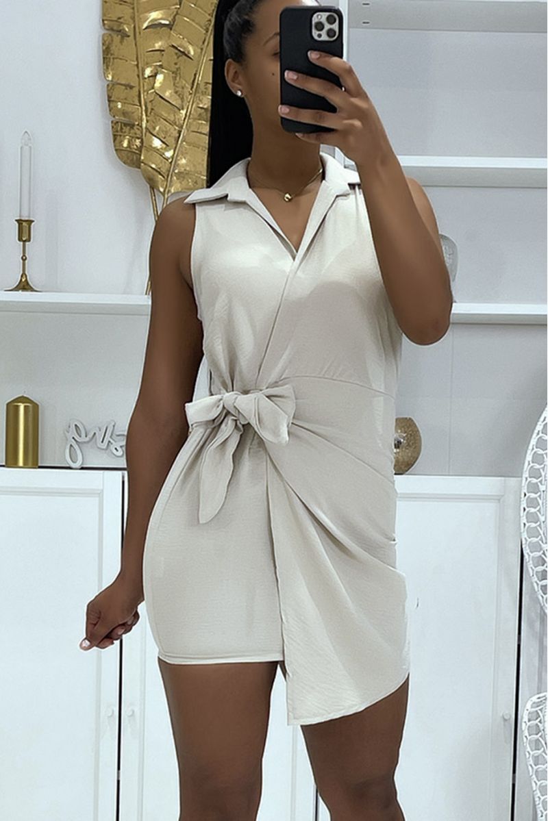 Short beige wrap dress fitted at the waist with pretty lapel collar - 6