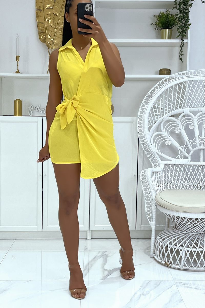 Short yellow wrap dress fitted at the waist with pretty lapel collar - 5