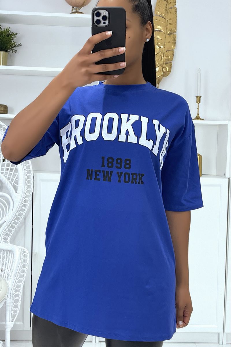 T-shirt Oversize royal à écriture Brooklyn et New York - 1