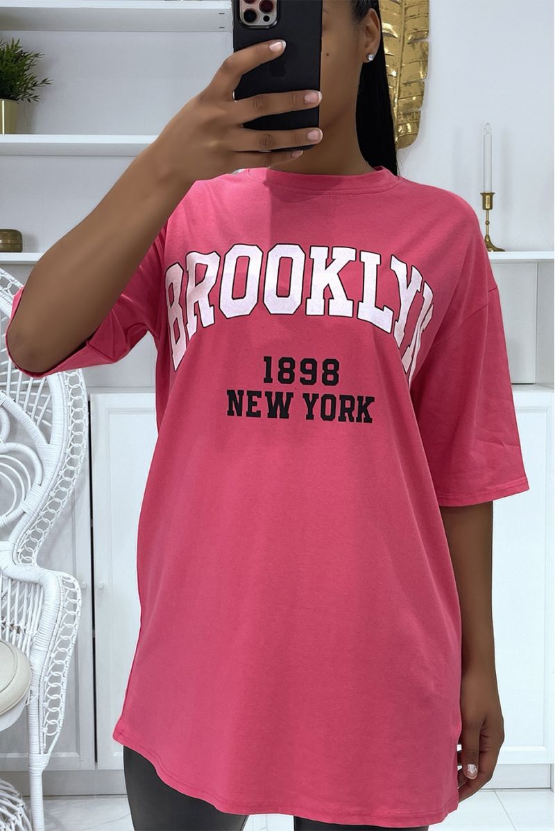 T-shirt Oversize fushia à écriture Brooklyn et New York - 1