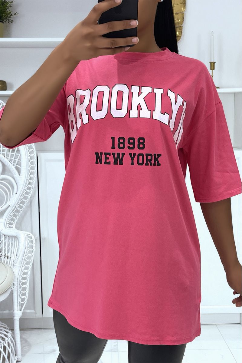T-shirt Oversize fushia à écriture Brooklyn et New York - 2