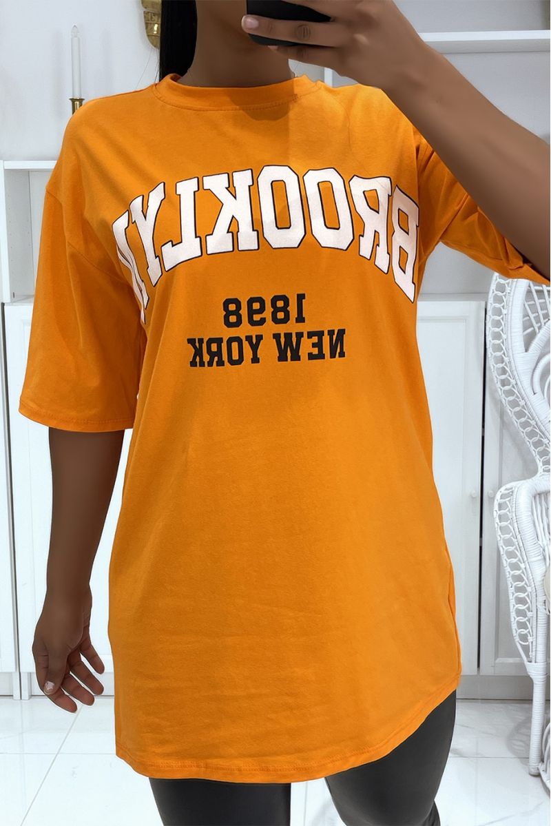 Oversized oranje T-shirt met Brooklyn en New York opschrift - 1