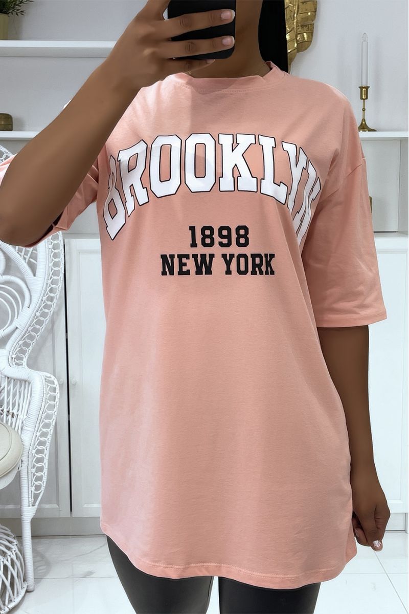 T-shirt Oversize rose à écriture Brooklyn et New York - 2
