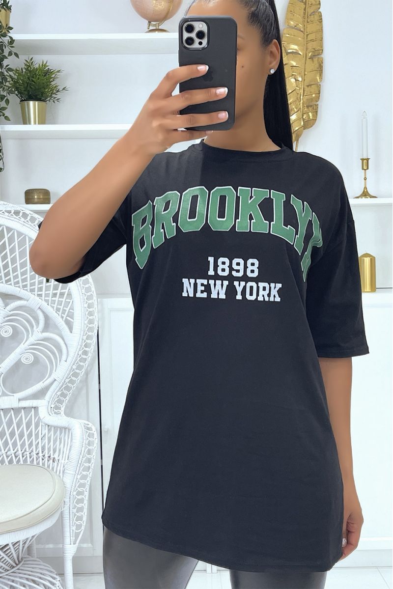 T-shirt Oversize noir à écriture Brooklyn et New York - 1