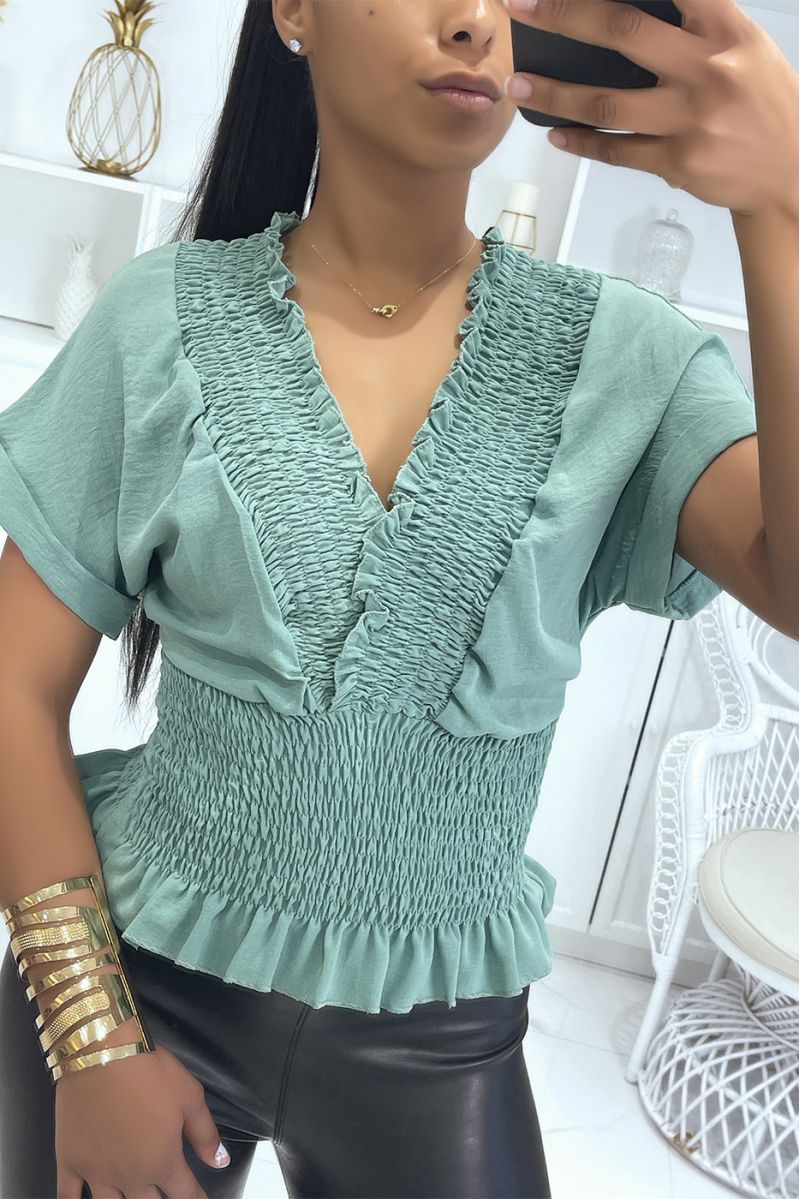 Watergroene overslagtop met elastische tailleband - 2