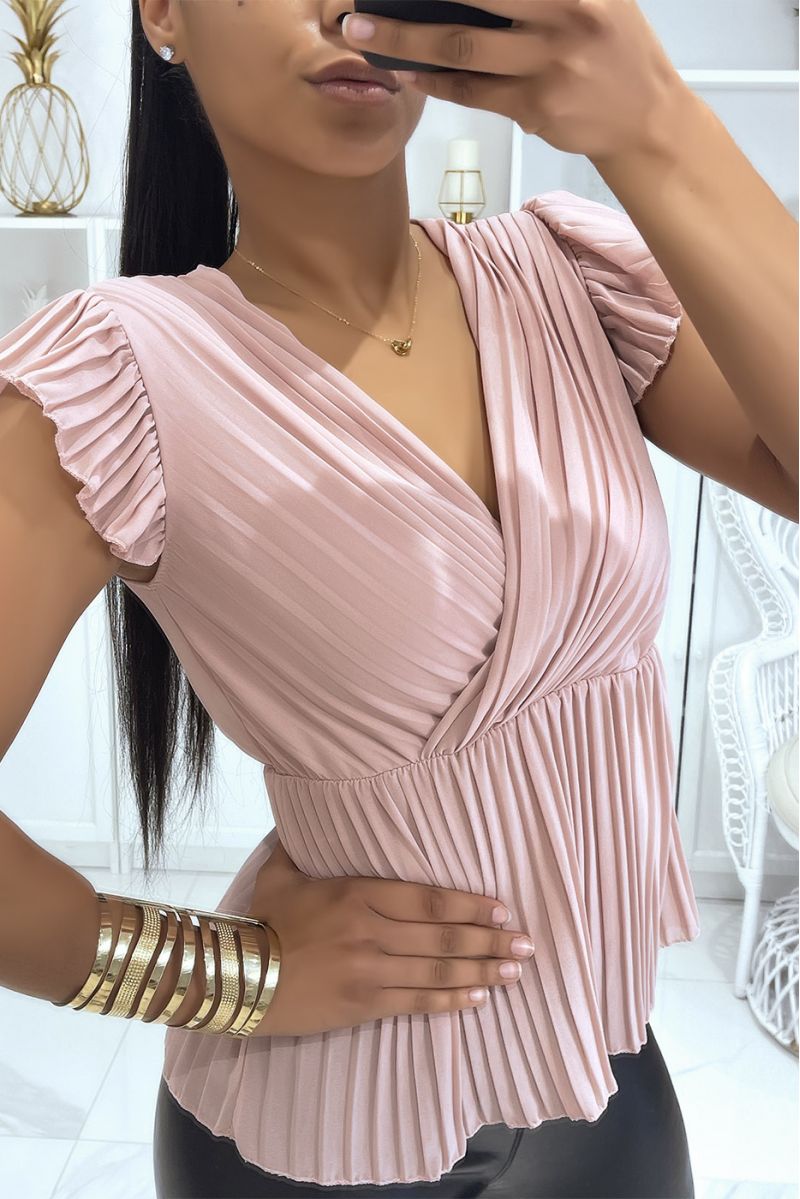 Pleated voile top in vitamin pink color and V-neck - 1