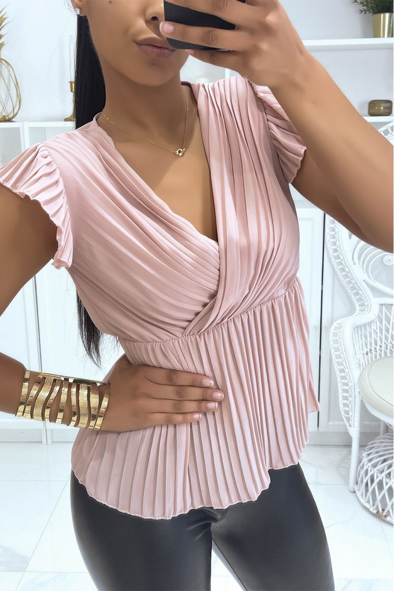 Pleated voile top in vitamin pink color and V-neck - 2
