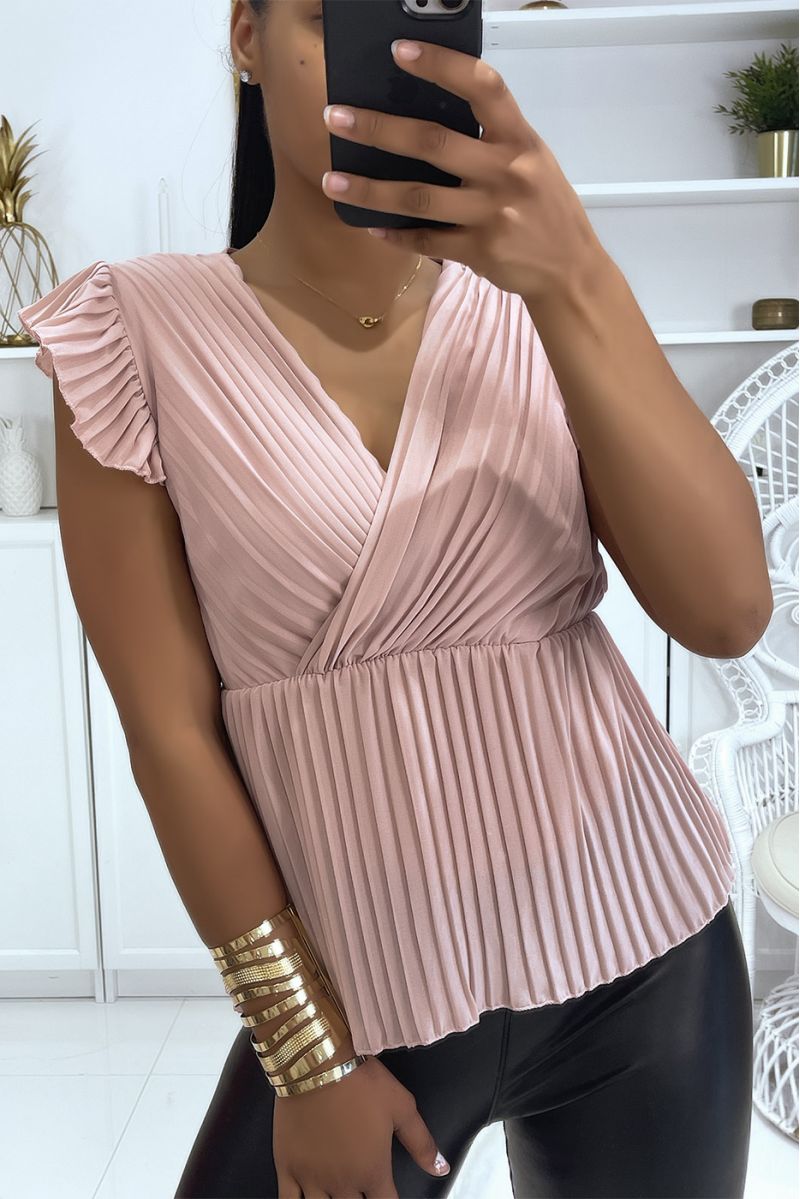 Pleated voile top in vitamin pink color and V-neck - 3