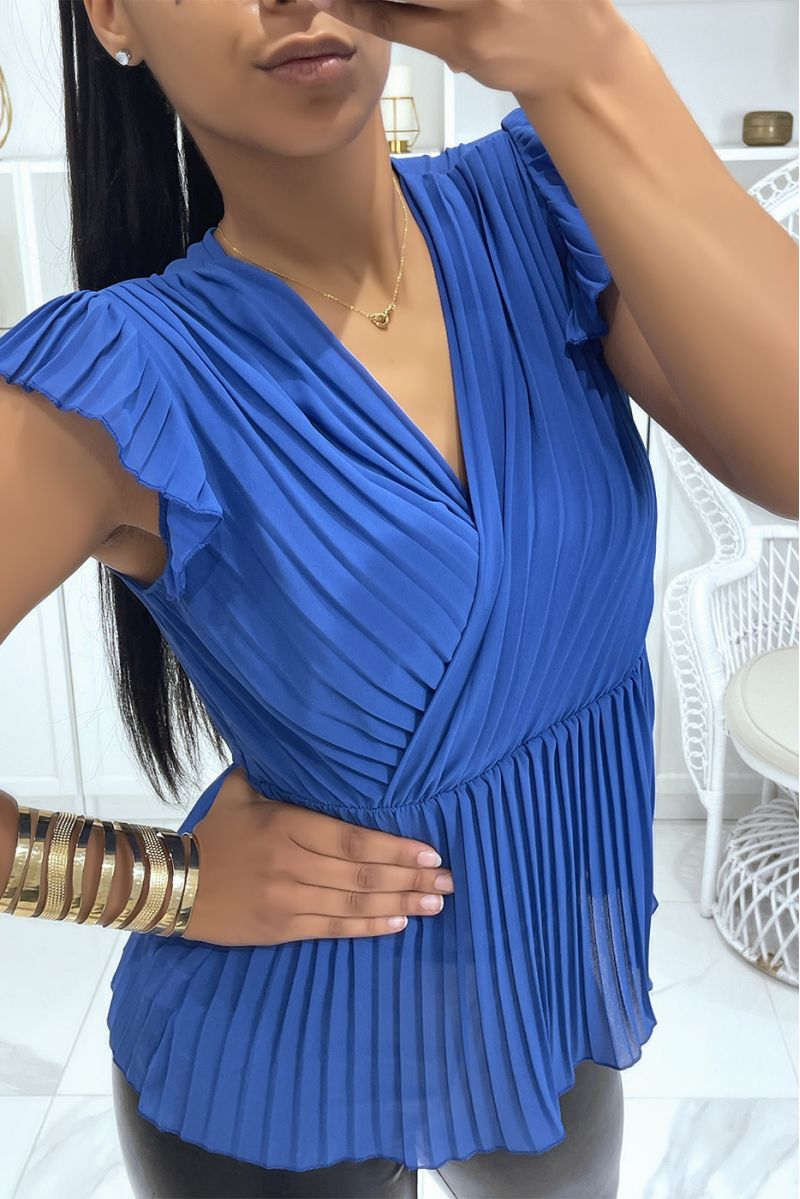 Pleated voile top in royal vitamin color and V-neck - 1