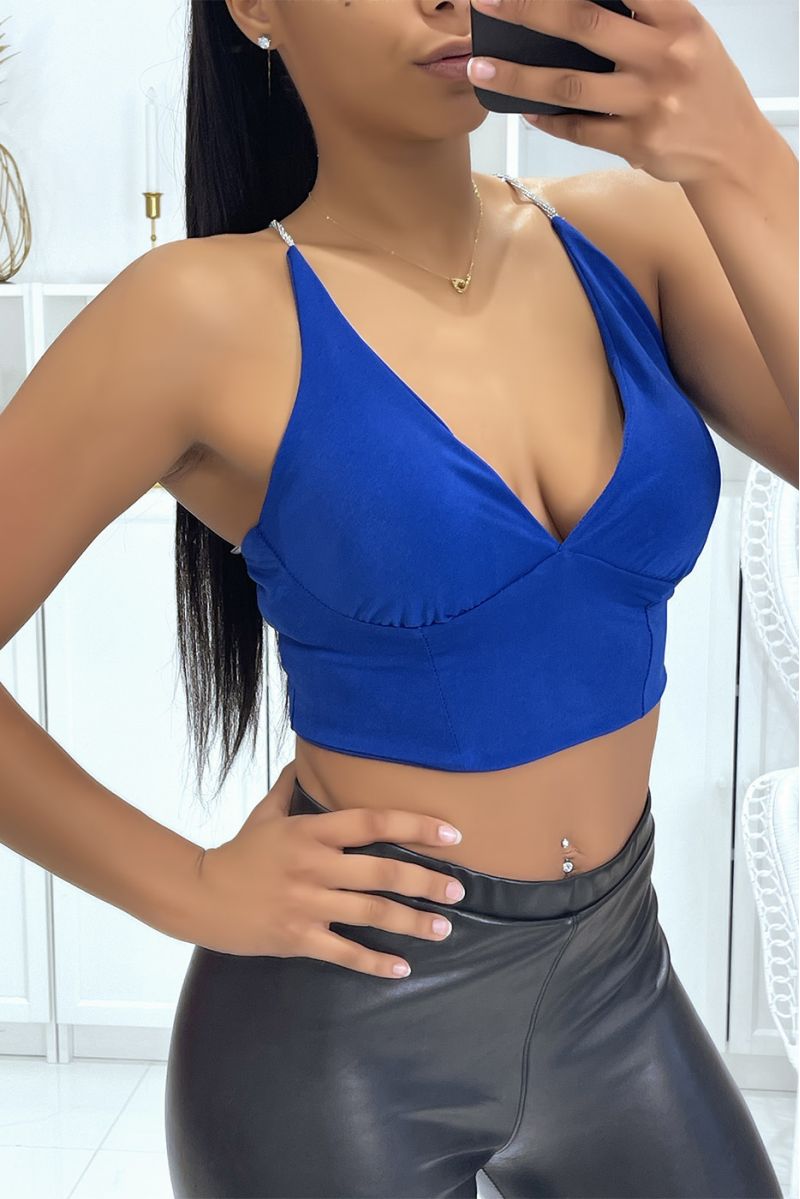 Royal crop top plunging V bralette and shiny silver straps - 2