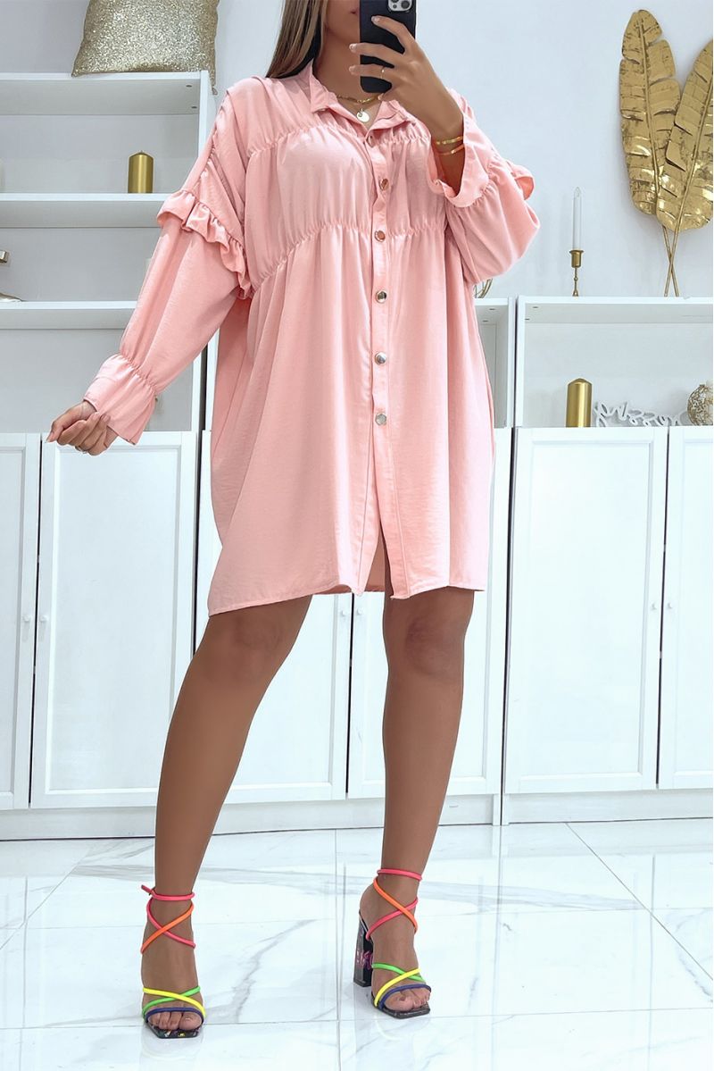 Buttoned pink tunic dress with elastic gathers - 1