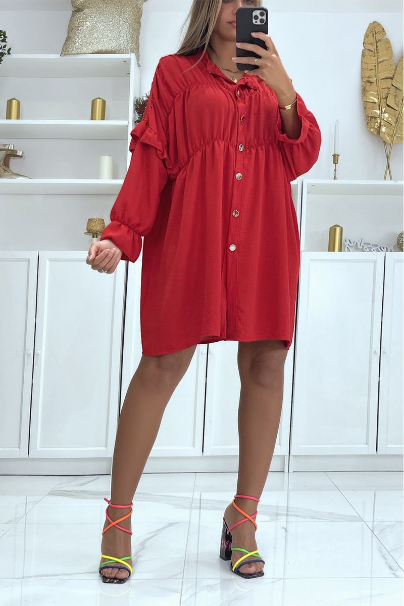 Buttoned red tunic dress with elastic gathers - 1