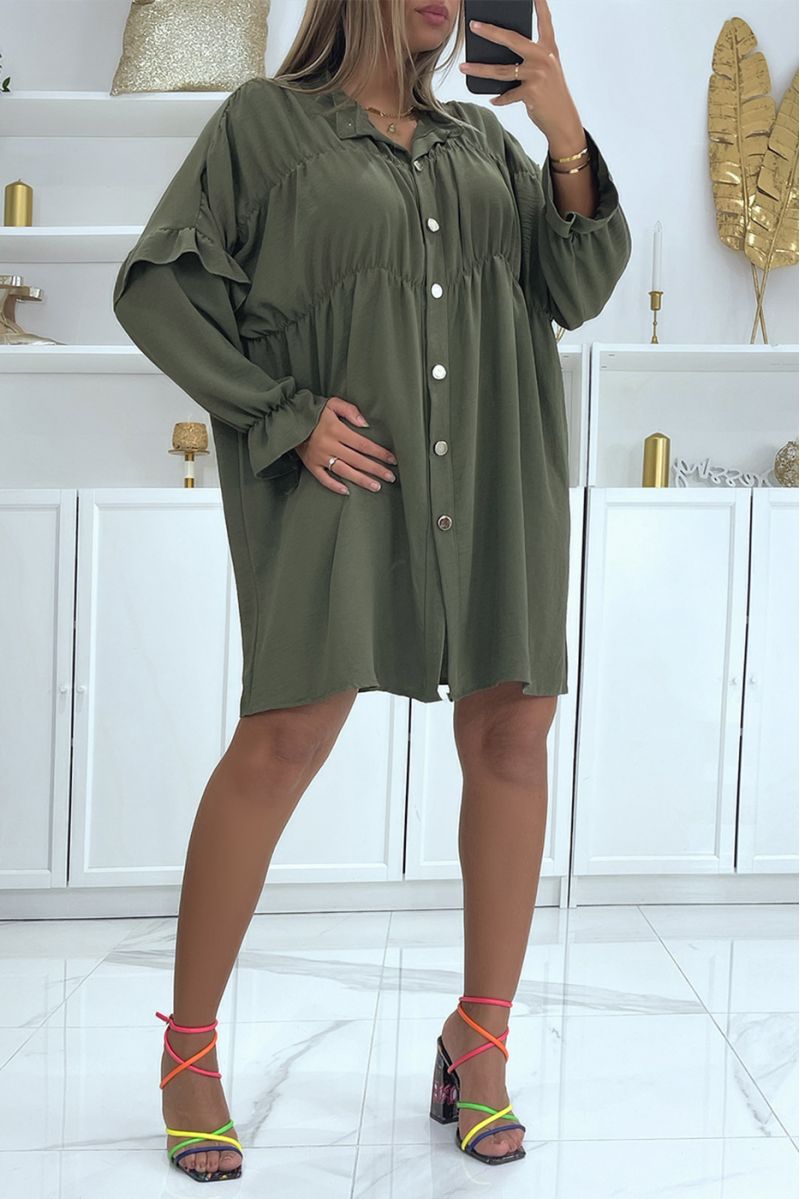 Robe tunique kaki boutonné avec fronce élastique  - 3