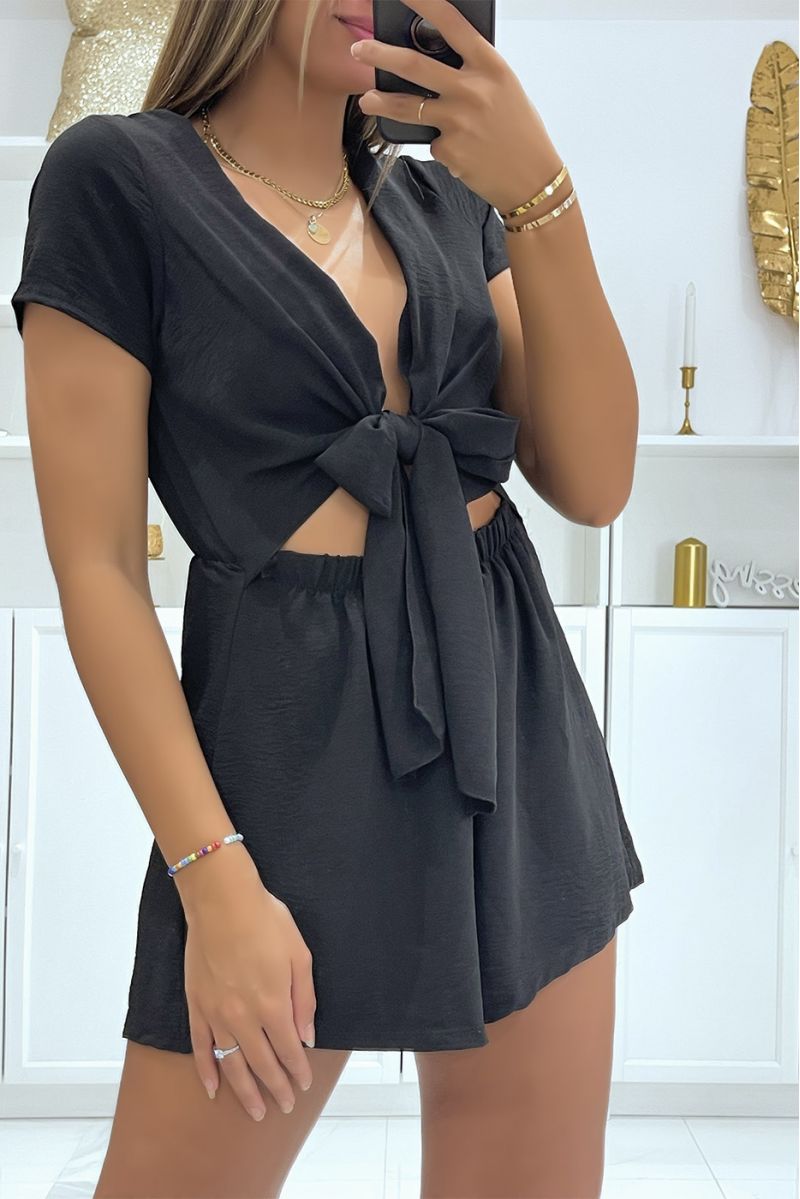 Zwarte 2-in-1 playsuit die kruist bij de buste - 3