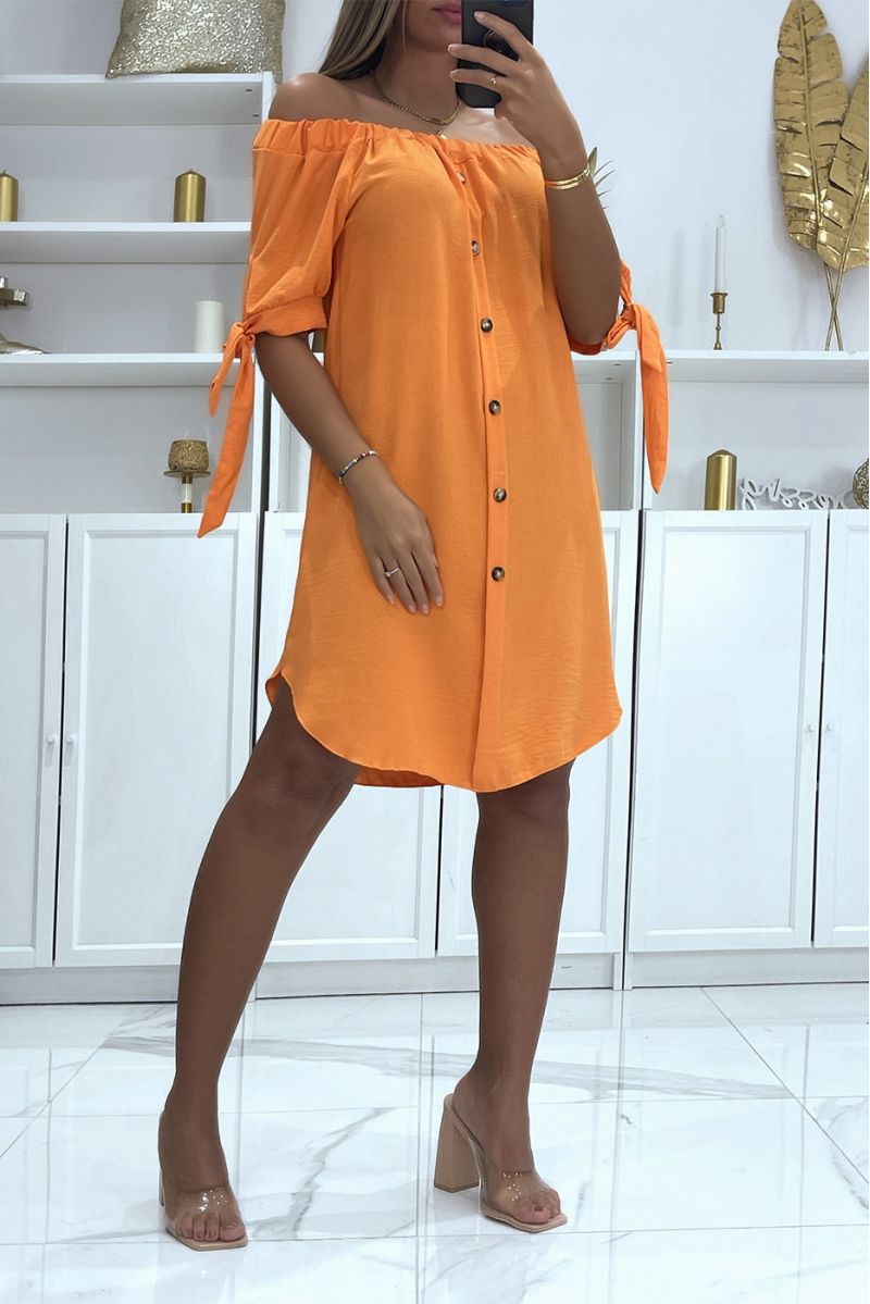 Long orange tunic with bardot collar and pretty bows on the half sleeves - 1