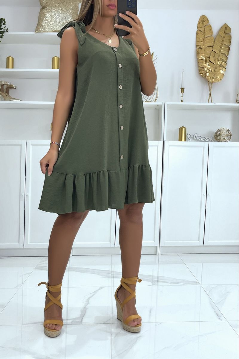 Pretty loose khaki dress with buttons and wide straps that tie - 1