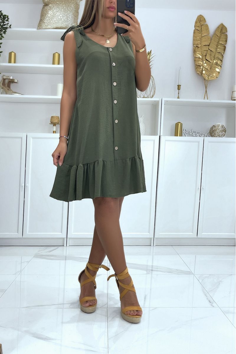 Pretty loose khaki dress with buttons and wide straps that tie - 3