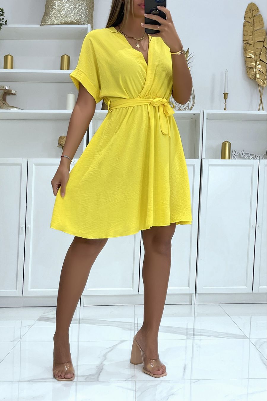 Yellow wrap dress with belt and elastic at the waist - 1