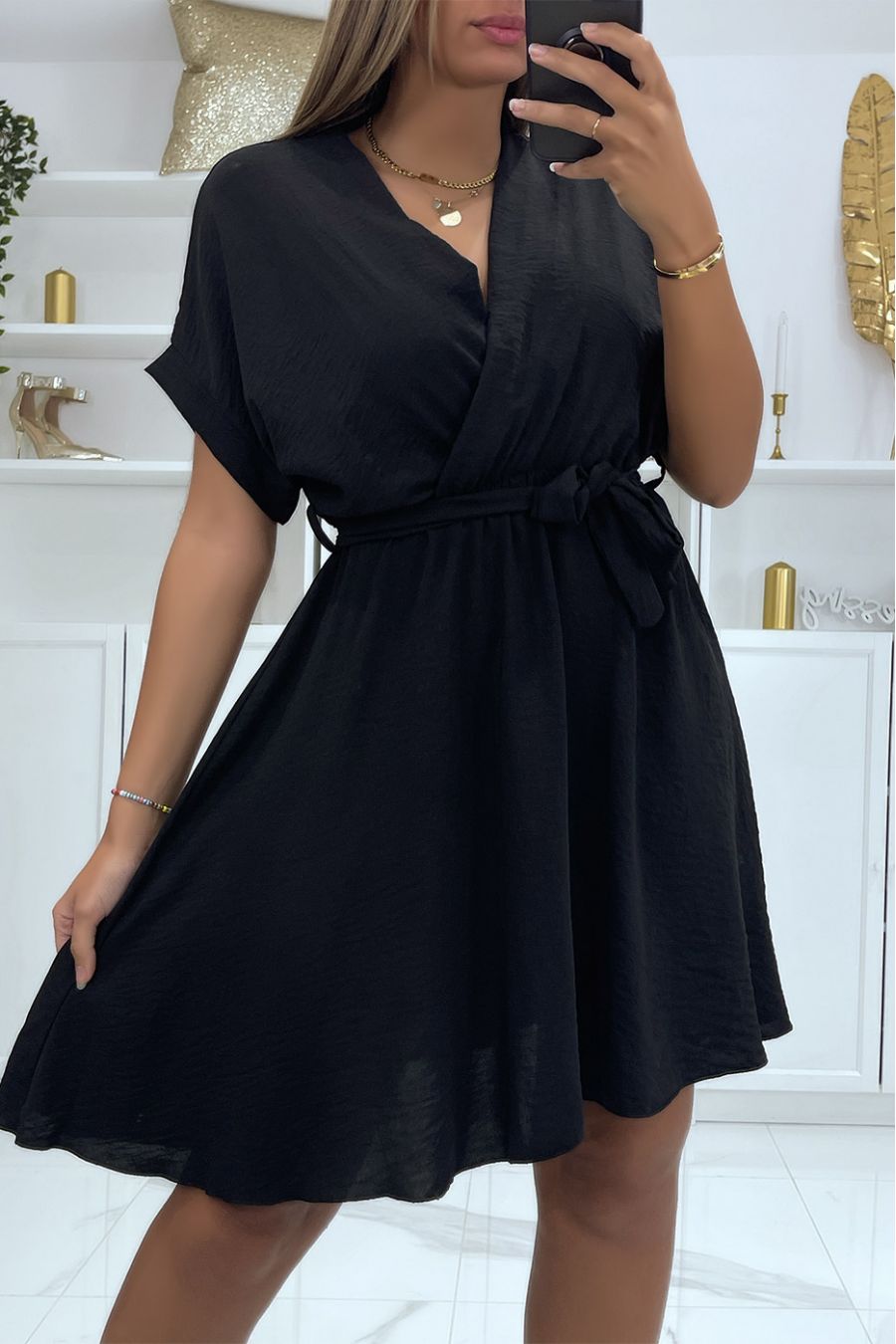 Black wrap dress with belt and elastic at the waist - 2