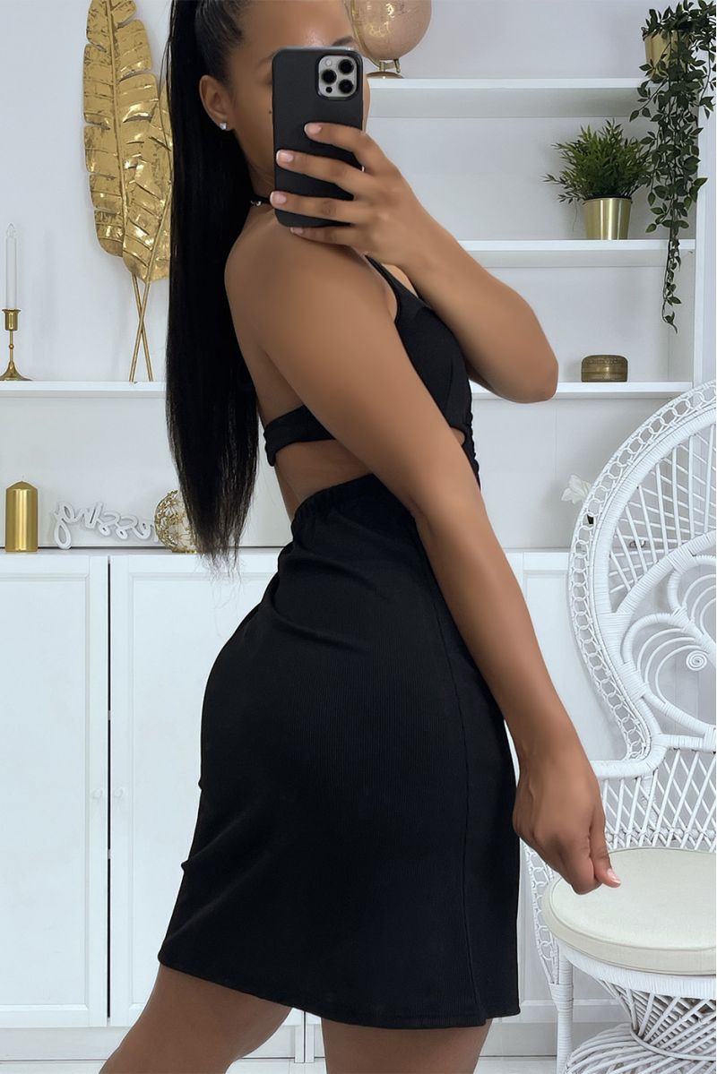 Robe trapèze noir avec manche en dentelle et boutons doré - 3